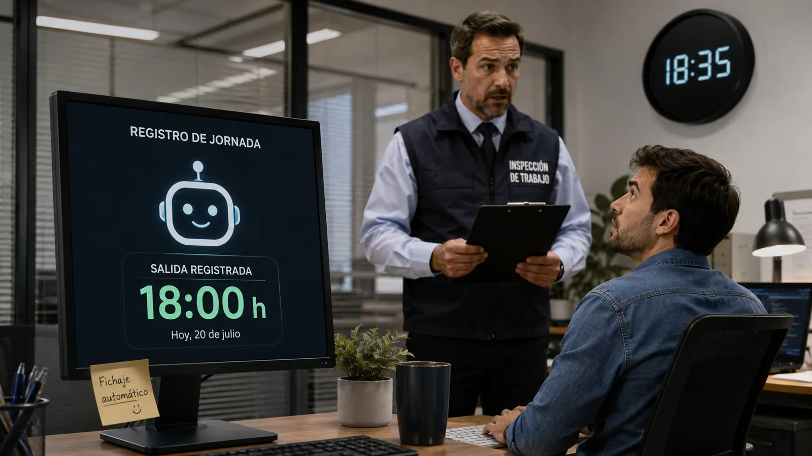 Un software marca automáticamente la salida a las 18:00 mientras el reloj de la pared muestra las 18:35 y un inspector de Trabajo revisa el registro