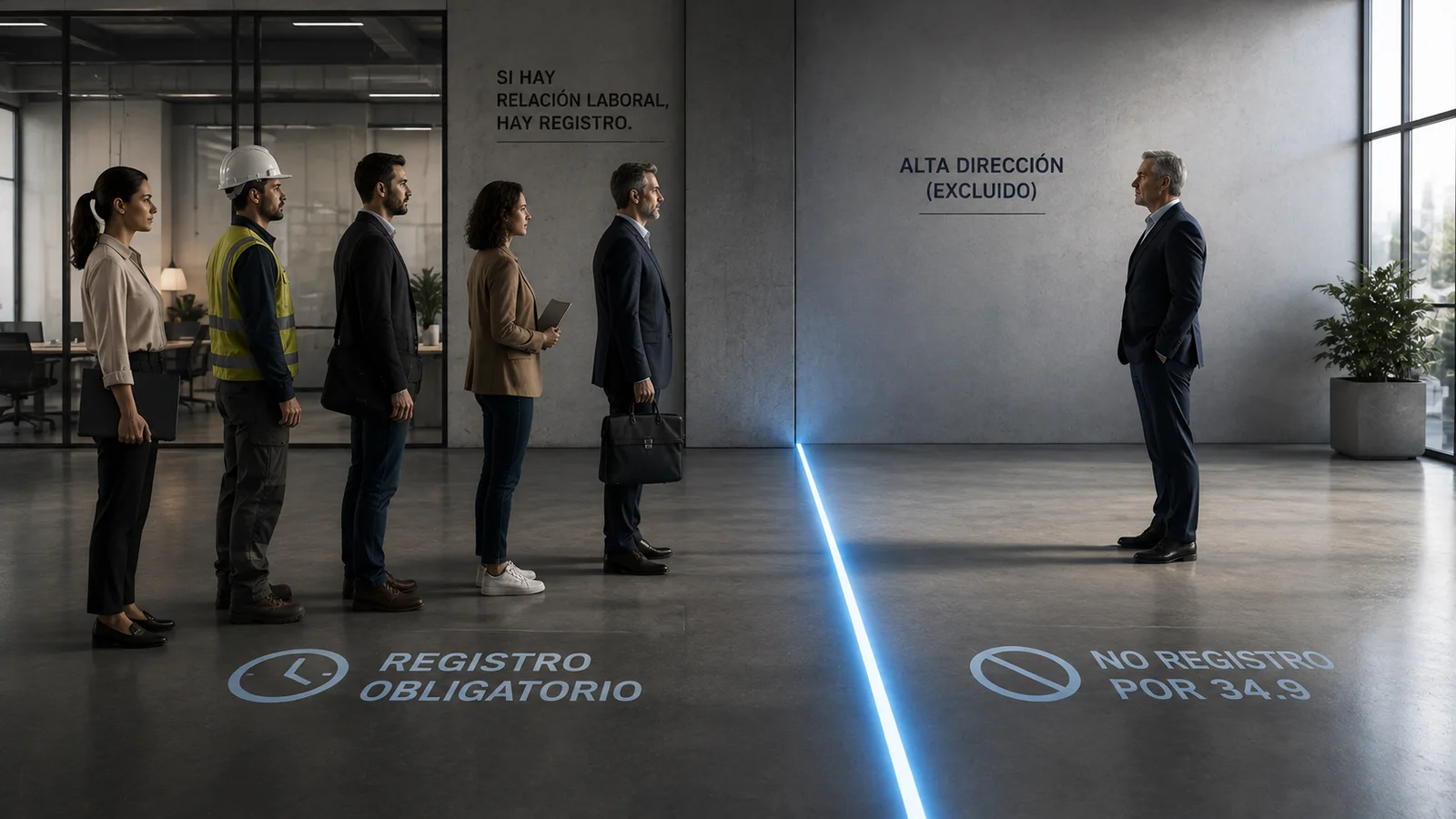 En el vestíbulo de una oficina, cinco personas de perfiles muy distintos —una administrativa, un operario con casco y chaleco, un técnico, una consultora y un directivo con maletín— hacen fila sobre el rótulo «registro obligatorio», bajo la frase «si hay relación laboral, hay registro». Al otro lado de una línea de luz azul, una sola persona espera bajo el rótulo «alta dirección (excluido)» y «no registro por 34.9»